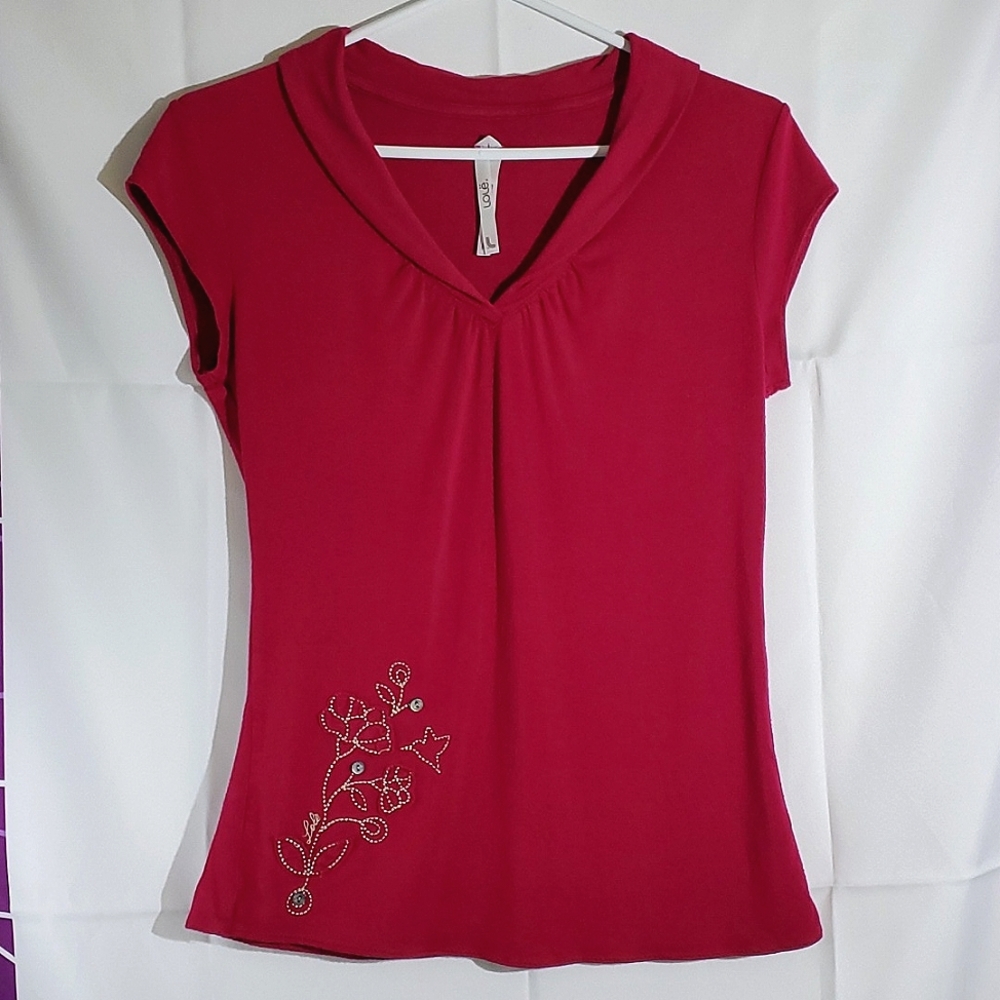 Lole Deep Magenta Rayon Cap Sleeve Tshirt with Embroidered Floral/Hummingbird -M